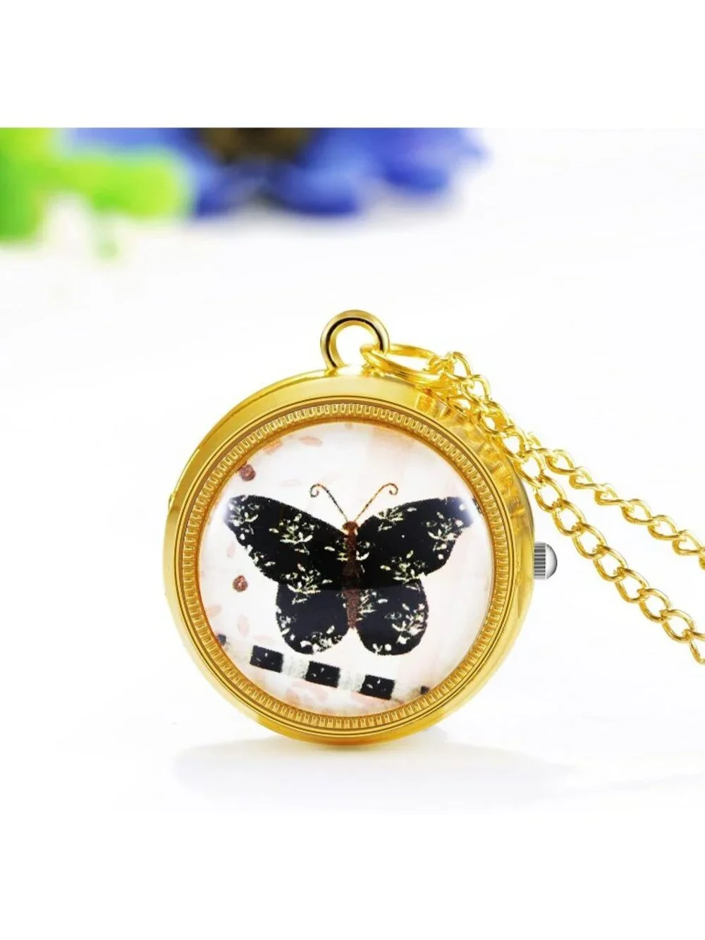 Women's Gold Analog Quartz Butterfly Vintage Pendant Necklace Chain Pocket Watch
